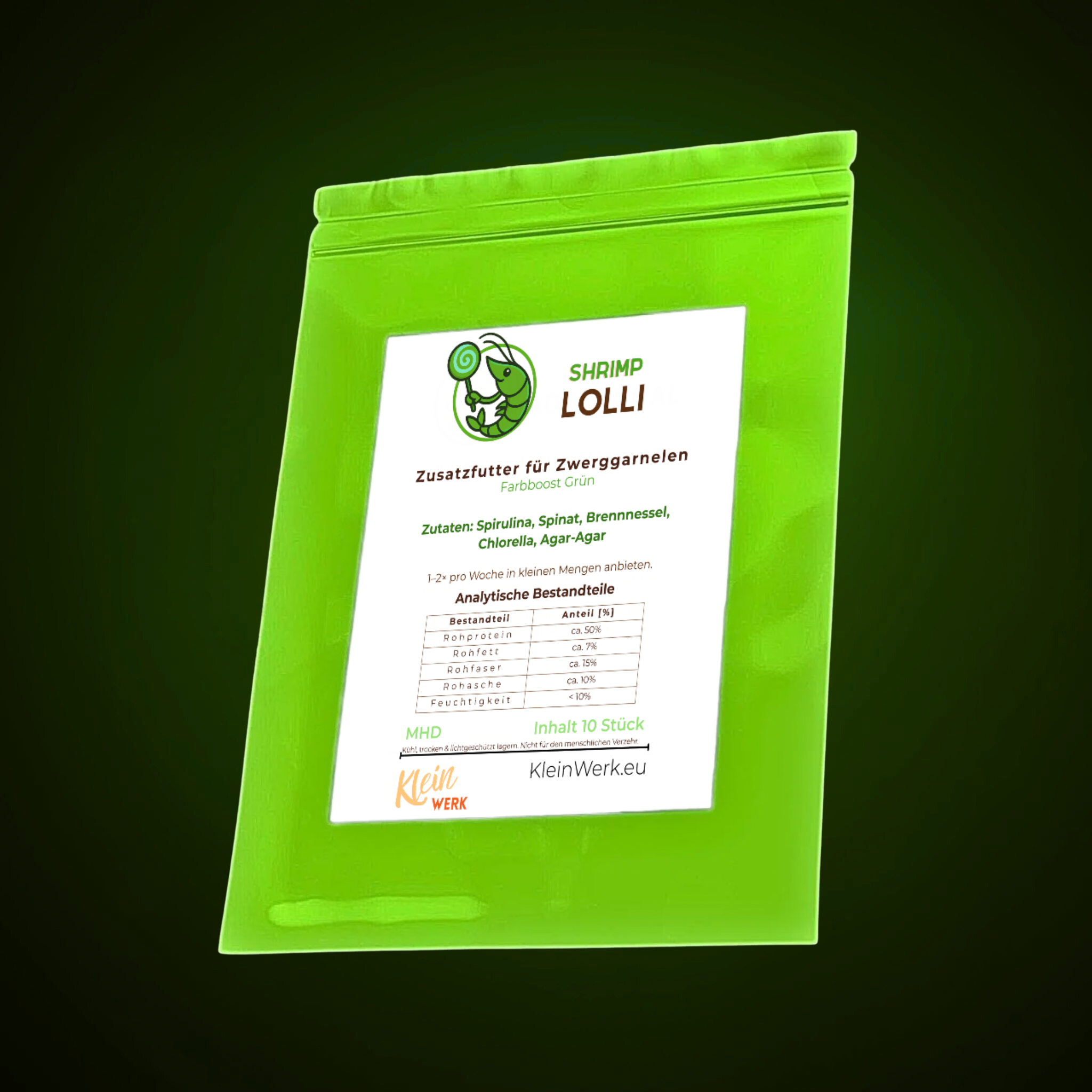 Grüne wiederverschließbare Verpackung Shrimp Lolli mit weißem Etikett und Shrimp-Logo.