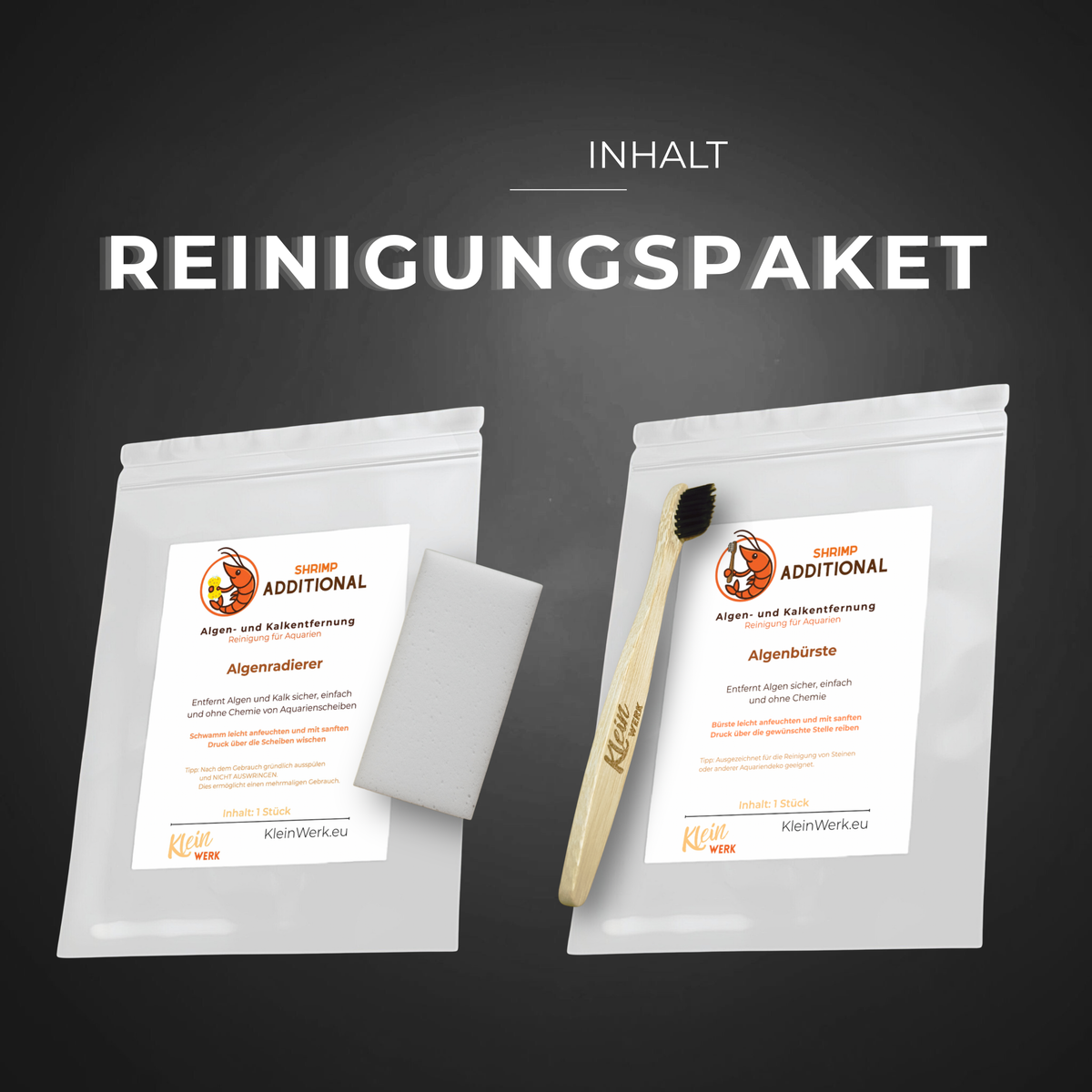 Reinigungspaket mit Shrimplolli Kleinwerk Garnelenfutter, zwei weiße Verpackungen, Schwamm und Holzpinsel.