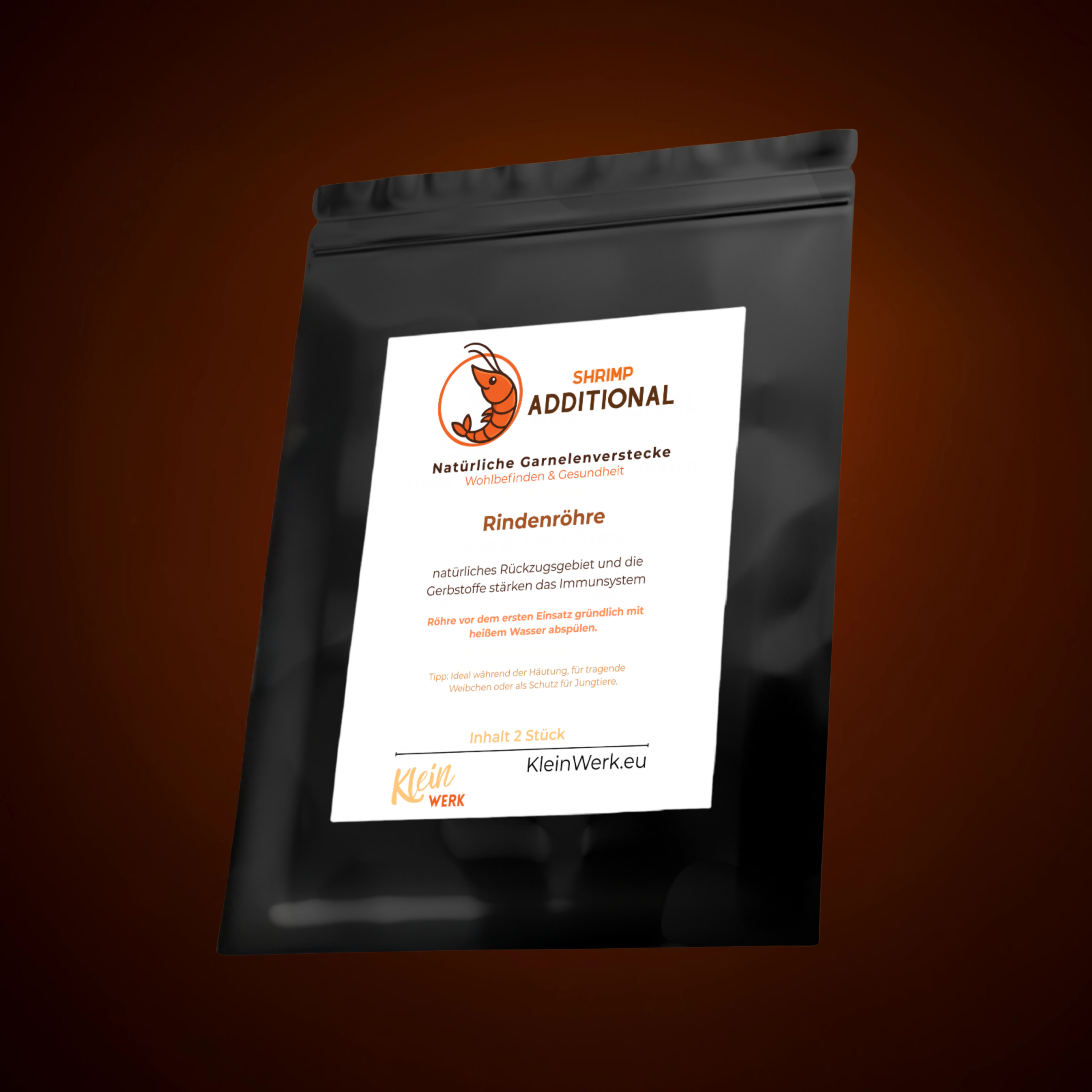 Schwarzer Standbeutel mit weißem Etikett und orangefarbenem Logo, Produkt Rindenröhre Verpackung.