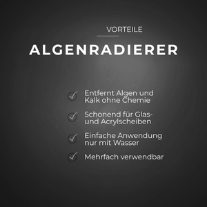 Texttafel mit Vorteilen des Algenradierers in weißer Schrift auf schwarzem Hintergrund.