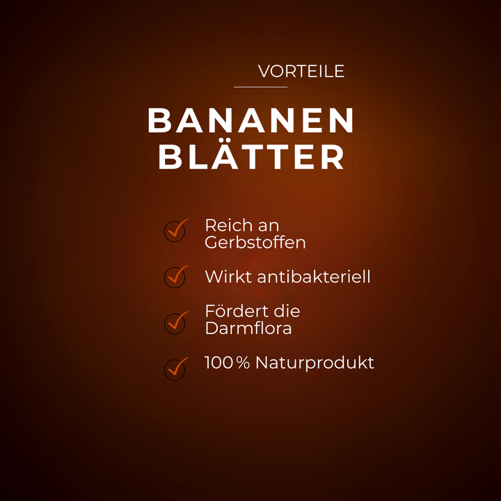 Brauner Hintergrund mit weißem Text zu Vorteilen von Bananenblättern in klarem Design.