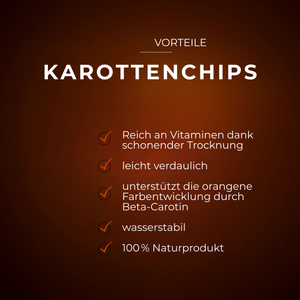Orangefarbene Karottenchips mit Vorteilen wie Vitaminreichtum, leichter Verdaulichkeit und Naturprodukt-Label.