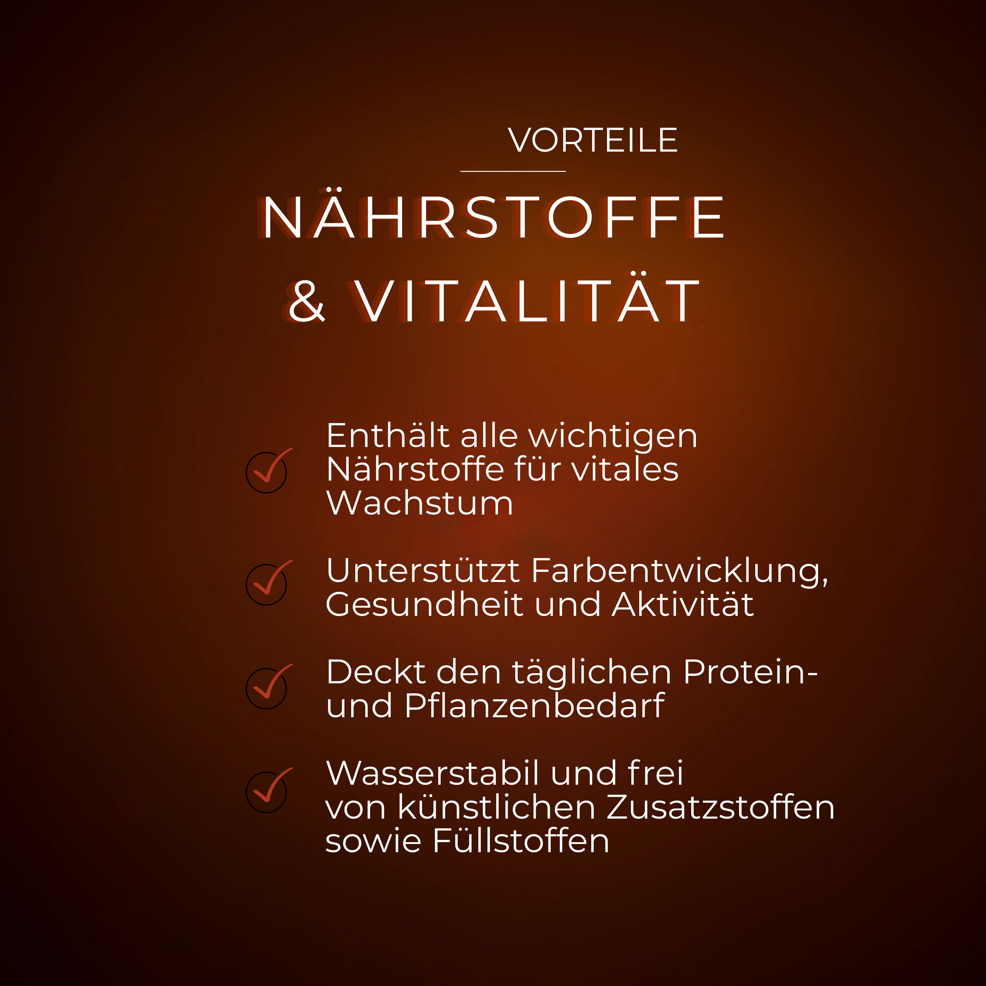 Orangefarbener Hintergrund mit Vorteilstext zu Nährstoffen und Vitalität in weißer Schrift und orangefarbenen Häkchen.