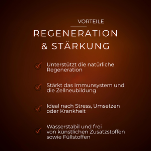 Brauner Hintergrund mit weißer Schrift, die Vorteile von Regeneration und Stärkung hervorhebt, inklusive Immunstärkung und.