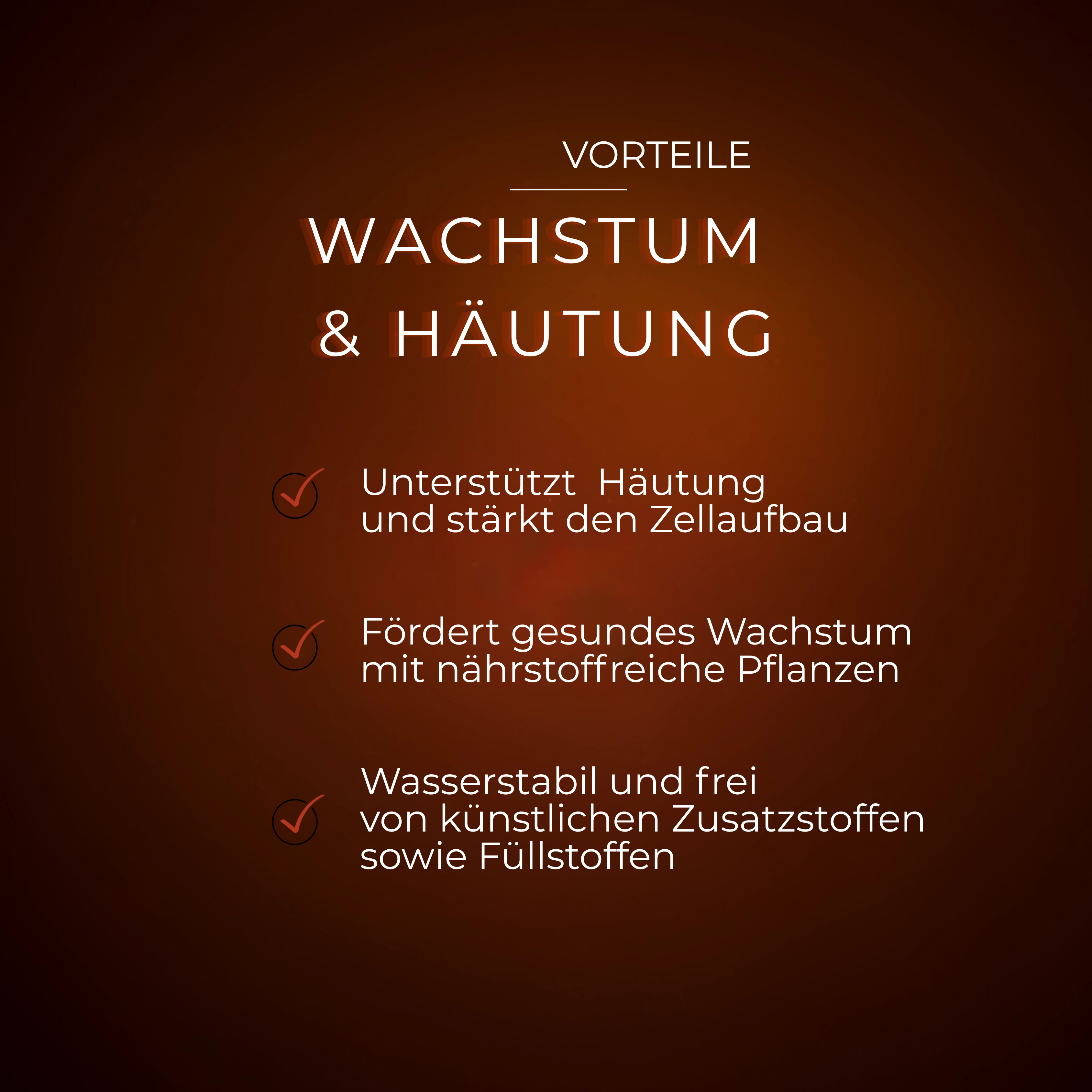 Shrimp Lolli Produktetikett mit Vorteilen zu Wachstum und Häutung auf braunem Hintergrund.