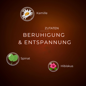 Kamille, Spinat und Hibiskus als Zutaten für Beruhigung und Entspannung auf braunem Hintergrund.