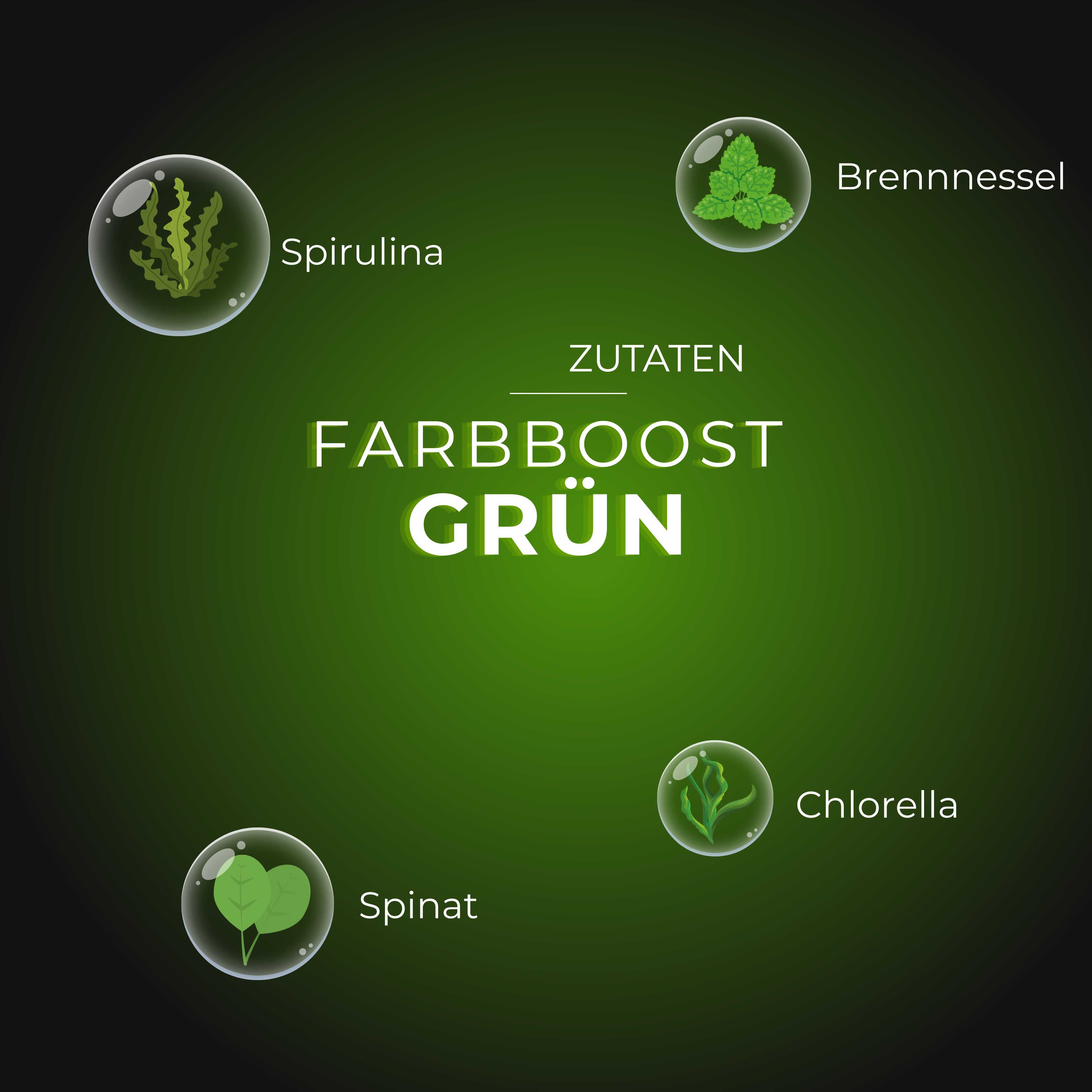 Grüner Farbboost mit Spirulina, Brennnessel, Spinat und Chlorella auf grünem Hintergrund.
