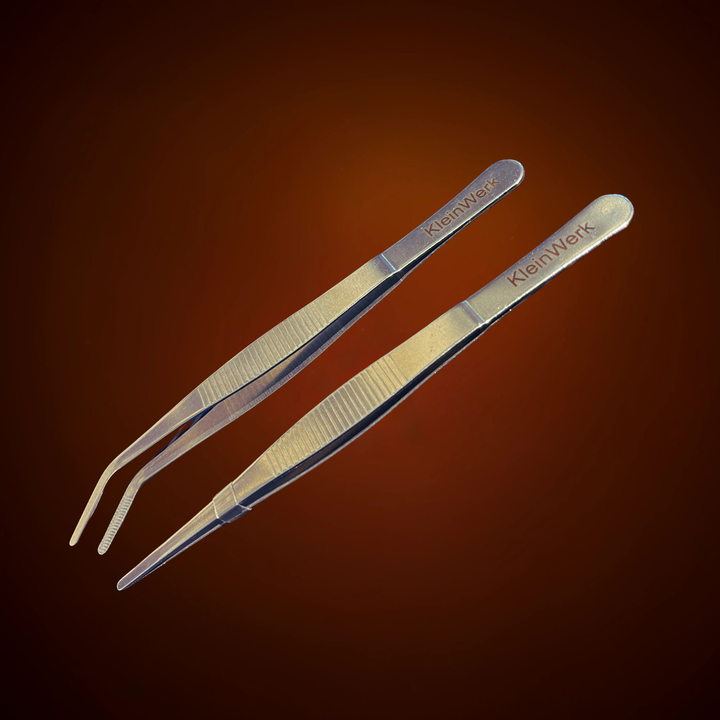 Aquarienzangen-Set aus Edelstahl, 16 cm, mit geraden und gebogenen Spitzen, strukturierter Griff.